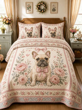 Bow Peony French Bulldog Farmhouse Floral 3‐Piece Quilted Bedding Set