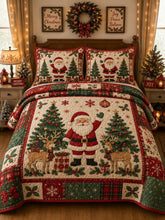 Santa Reindeer Xmas Tree Patchwork 3‐Piece Quilted Bedding Set