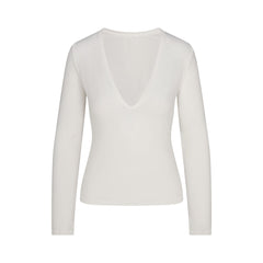 COTTON JERSEY LONG SLEEVE PLUNGE TOP | MARBLE