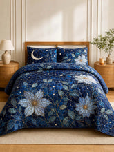Moonlit Floral Quilted 3-Piece Bedding Set – Celestial Botanical Quilted Bedding With Matching Pillow Shams