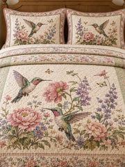 Vintage Hummingbird Spring Bloom Floral 3‐Piece Quilted Bedding Set