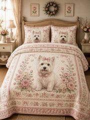 Vintage Westie Rose Bow 3‐Piece Quilted Bedding Set