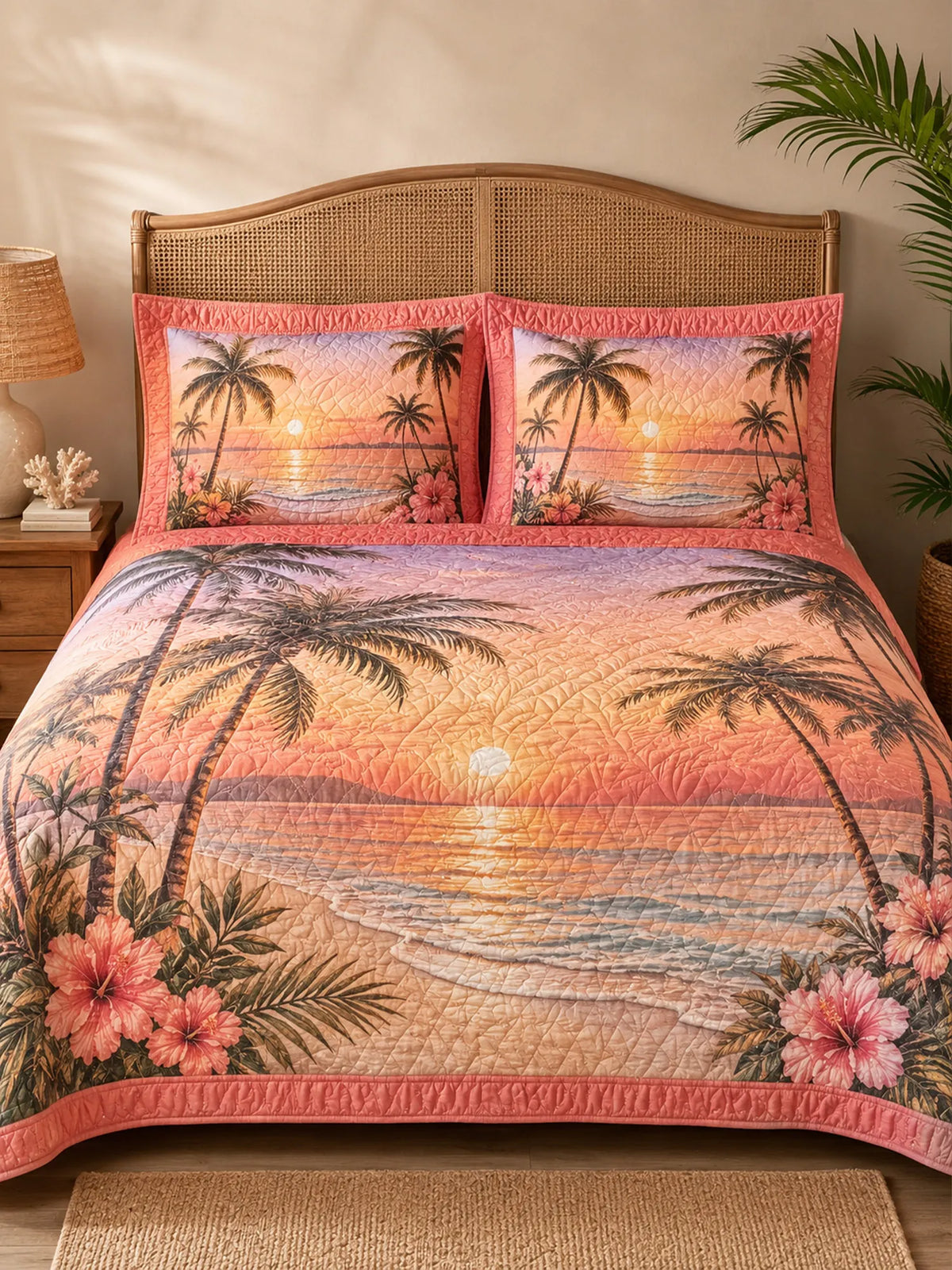 Tropical Sunset Palm Tree 3-Piece  Quilted Bedding Set