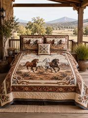 Equestrian Horse Patchwork Quilted 3-Piece Bedding Set – Vintage Country Quilted Bedding with Matching Pillow Shams