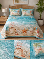 Seashells and Starfish on the Shore 3-Piece  Quilted Bedding Set