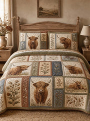 Highland Cow Quilted 3-Piece Bedding Set – Classic Americana Quilted Bedding With Matching Pillow Shams