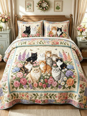 Garden Cat Gathering 3-Piece Quilted Bedding Set