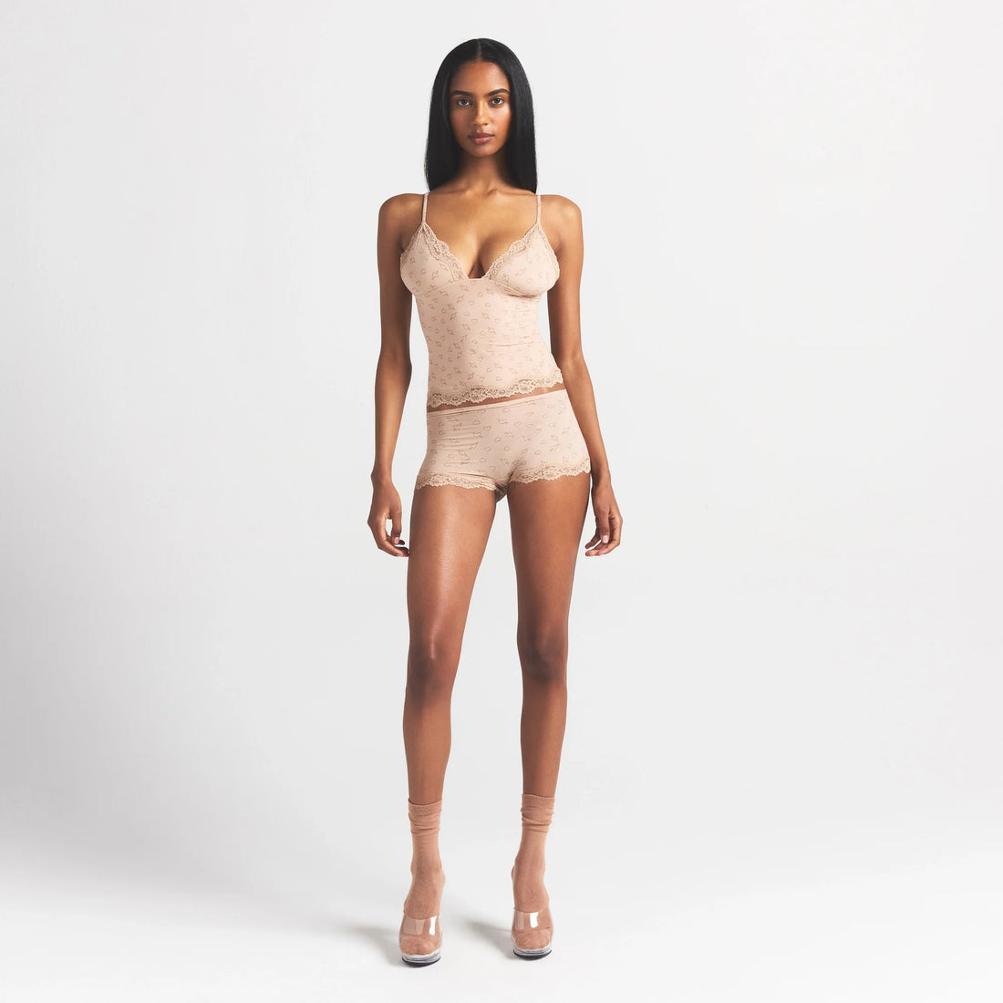 FITS EVERYBODY LACE TRIANGLE CAMI AND BOY SHORT SET | MICA SKETCHED HEARTS