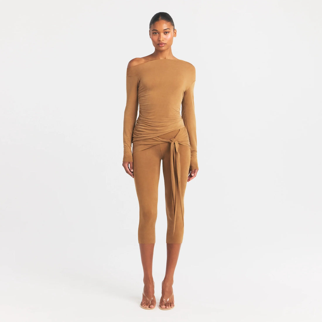 CUPRO JERSEY ASYMMETRICAL TOP | ALMOND