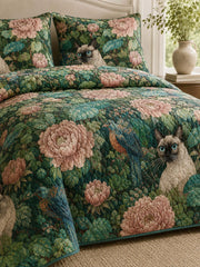 Siamese Cat Floral Garden Quilted 3-Piece Bedding Set