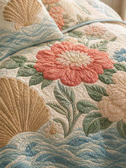 Coastal Floral Quilted 3-Piece Bedding Set – Luxury Quilted Bedding with Matching Pillow Shams