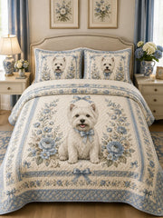 Vintage Westie Rose Bow 3‐Piece Quilted Bedding Set