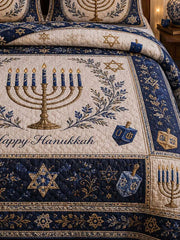Happy Hanukkah Gold Blue Vintage 3‐Piece Quilted Bedding Set